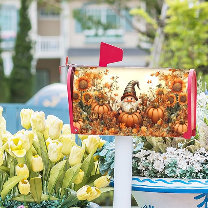 Fall Gnome Mailbox Cover Magnetic Large Size 25.5x21 inch Autumn Pumpkin Sunflower Post Letter Box Wrap Seasonal Dust-Proof Letterbox Covers Protection for Home Outdoor Garden Yard