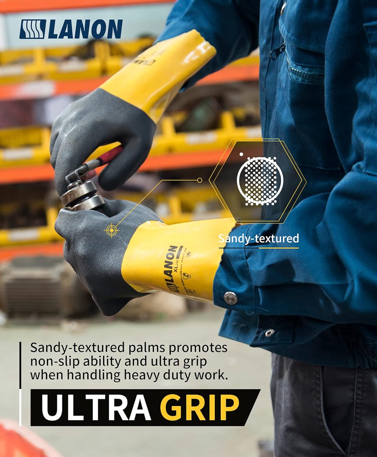 LANON 3 Pairs PVC Chemical Gloves, Thick Rubber Work Gloves, Heavy-Duty, EN 374/388, Acid, Alkali and Oil, Non-Slip, XXL