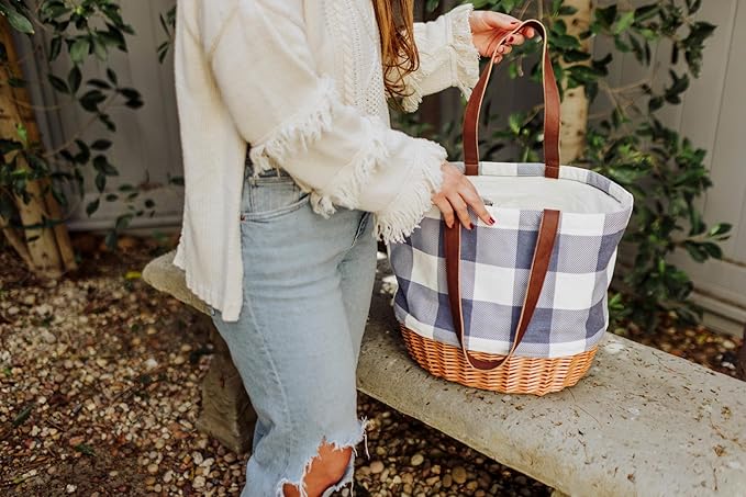 PICNIC TIME Coronado Canvas and Willow Basket Tote, Picnic Tote Bag, Beach Tote