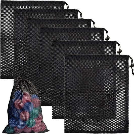 6 PCS Mesh Drawstring Bag 12" x 15.7", Durable Sports Equipment Net Bag Multipurpose Mesh Storage Bags for Tennis Ball, Golf Ball, Swimming, Camping and Travel, Black