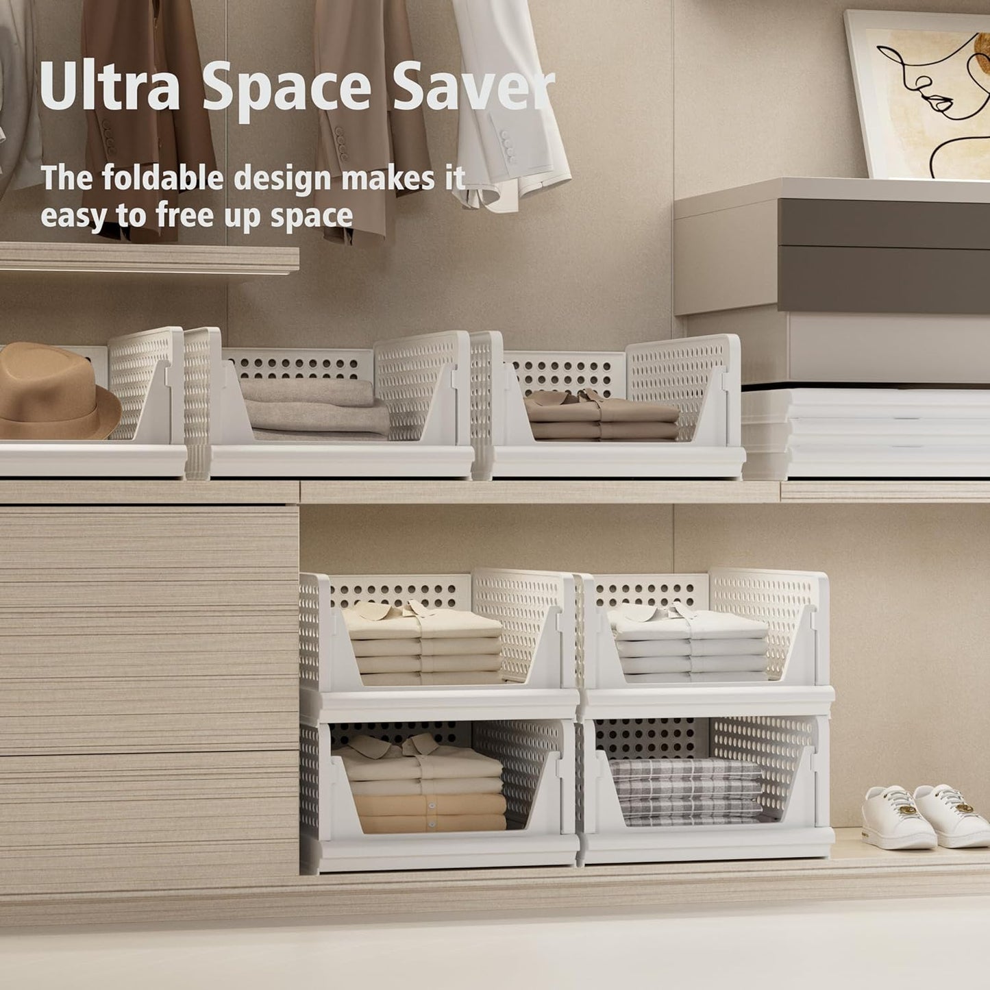 Proarea 5 Pack Stackable Plastic Storage Basket Closet Organizer Bin Foldable Clothes Organizer Storage Drawer Shelf Container for Living room Bathroom Kitchen Office (4L+1S)