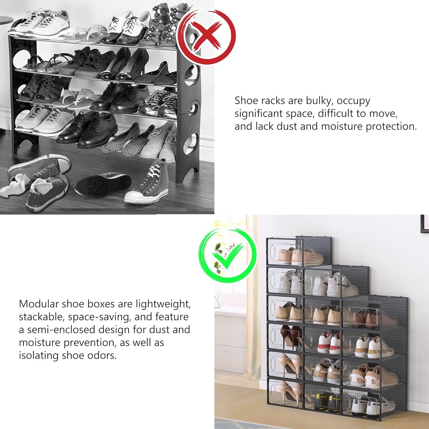 12 Pack Large Modular Clear Plastic Stackable Shoe Storage Organizer for Closet, Space Saving Versatile Sneaker Shoe Rack Containers Bins Holders, Portable Closet Organizers and Storage, Black
