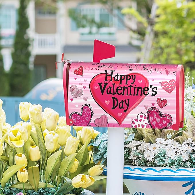 Valentines Day Mailbox Cover Magnetic Standard Size 21x18 Inch Red Pink Love Hearts Holiday Decorative Mail Box Post Covers Sweet Anniversary Letter Box Wraps for Home Outdoor Garden Yard Decor