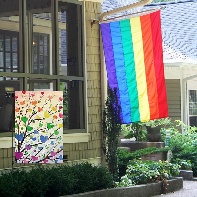 Louise Maelys Pride Garden Flag Rainbow Tree Love Heart 12x18 Inch Double Sided Welcome Small Burlap Gay Lesbian LGBTQ Yard Outdoor Sign Outside Home House Decor