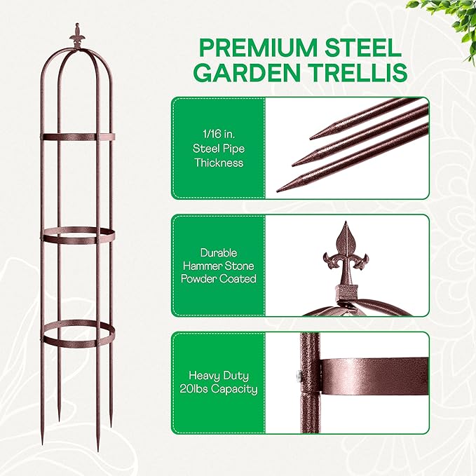 Idzo Trellis for Climbing Plants Outdoor, Garden Trellis Steel, Obelisk Design Hammer Stone Coated, 2025 Bronze Color, Vertical Support for Climbing Plants, Decorative for Outdoor & Indoor Use
