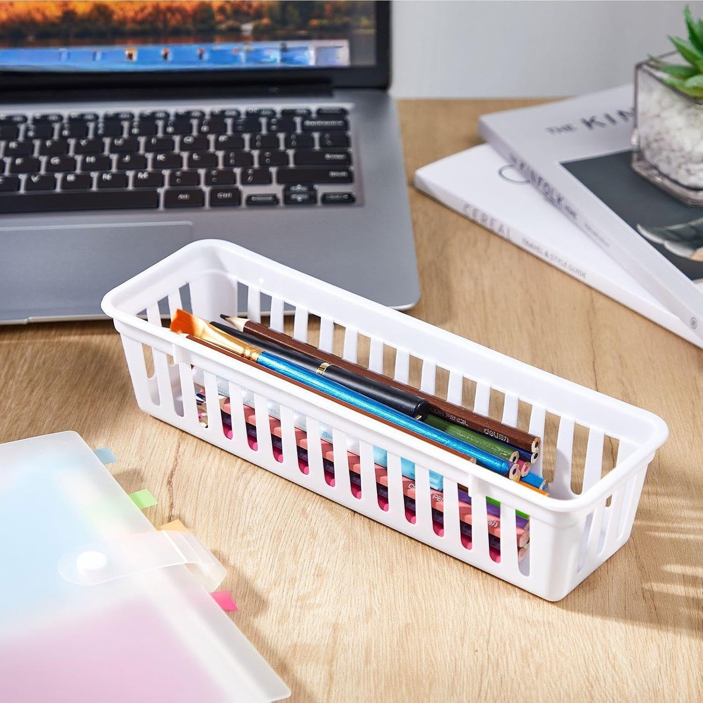 Domensi 24 Pcs Slim Plastic Storage Baskets Tray for Organizing 10.25 x 3.25 x 2.5 Inch Small Storage Bins Stackable Drawer Pencil Trays Holder for Desk Garage Office Containers(White)