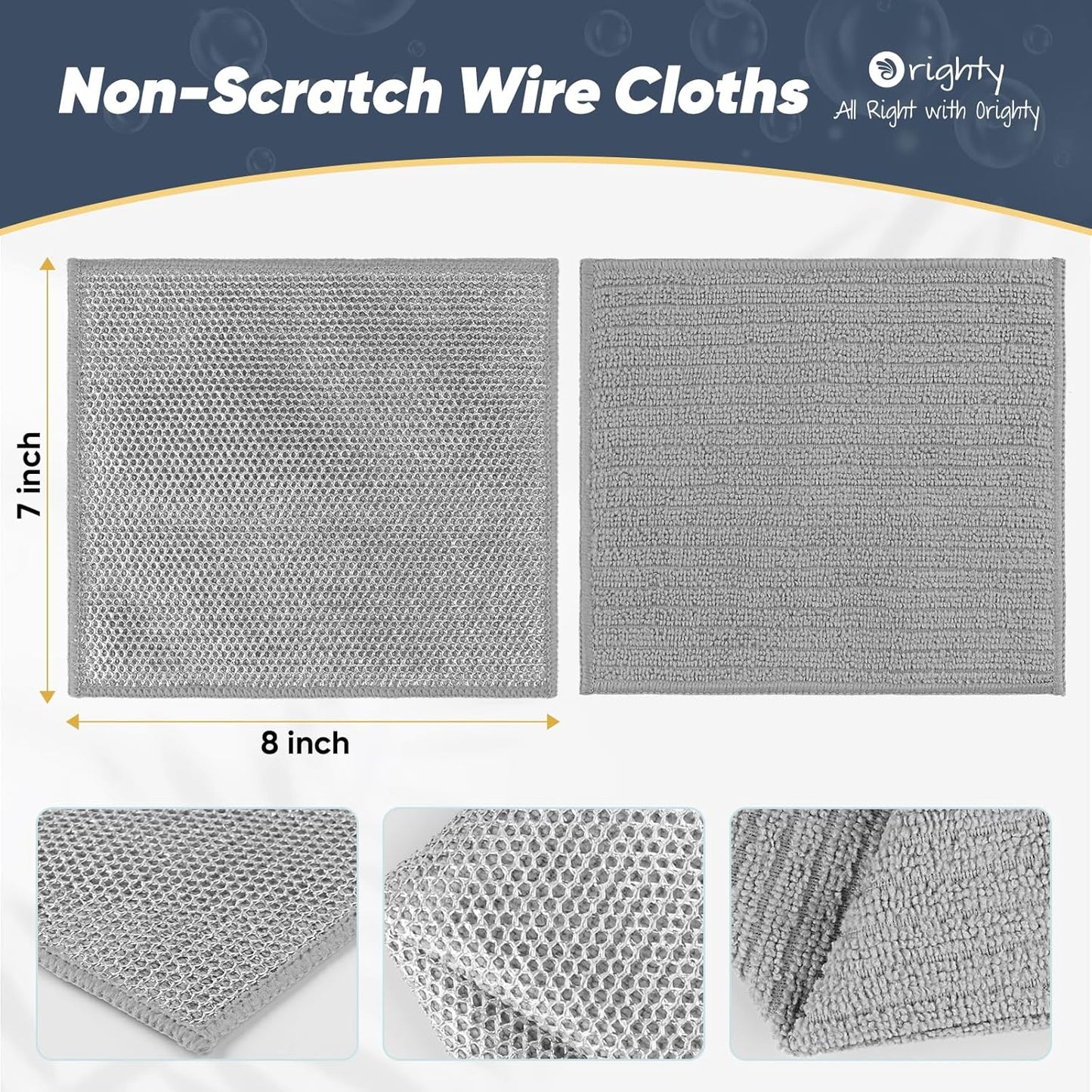 Orighty Multipurpose Wire Dishwashing Rag 12 Pcs, Upgraded Double-Layer Non-Scratch Wire Dish Cleaning Cloths, Reusable Steel Scrubber for Kitchen, Powerful Dishcloth Rag for Cookware, Grey, 7"x8"