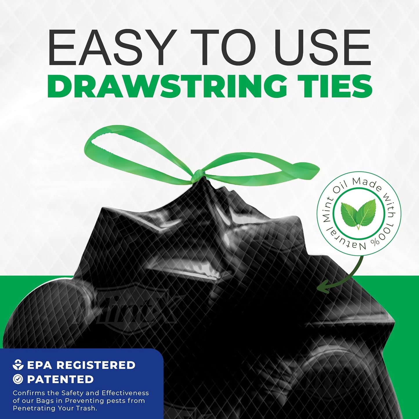 Mint-X Rodent Repellent Outdoor Home and Industrial Trash Bags with Drawstring & Mint-Flex Technology; 33 Gallon, 90 Count, Black