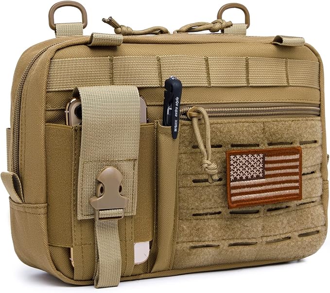 Tactical Molle Admin Pouch of Laser Cut Design,Medical EMT Organizer with Phone Pouch,EDC EMT Pack IFAK Tool Holder with US Patch (Large Brown Without Accessories)
