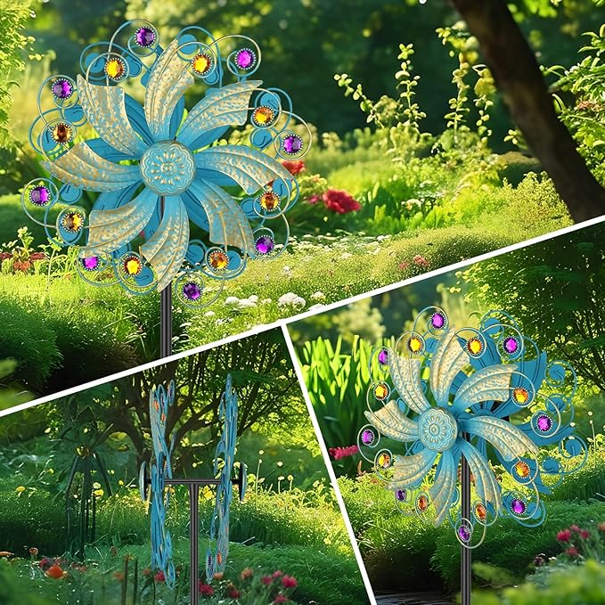 Metal Wind Spinners Outdoor, Golden Kinetic Wind Sculpture Garden Pinwheels with Metal Stake, Yard Art Decor for Patio, Lawn & Garden, Creative Gifts 57.5 * 13 Inch