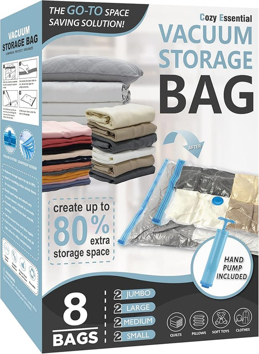 8 Pack Vacuum Storage Bags, Space Saver Bags (2 Jumbo/2 Large/2 Medium/2 Small) Compression Storage Bags for Comforters and Blankets, Vacuum Sealer Bags for Clothes Storage, Hand Pump Included
