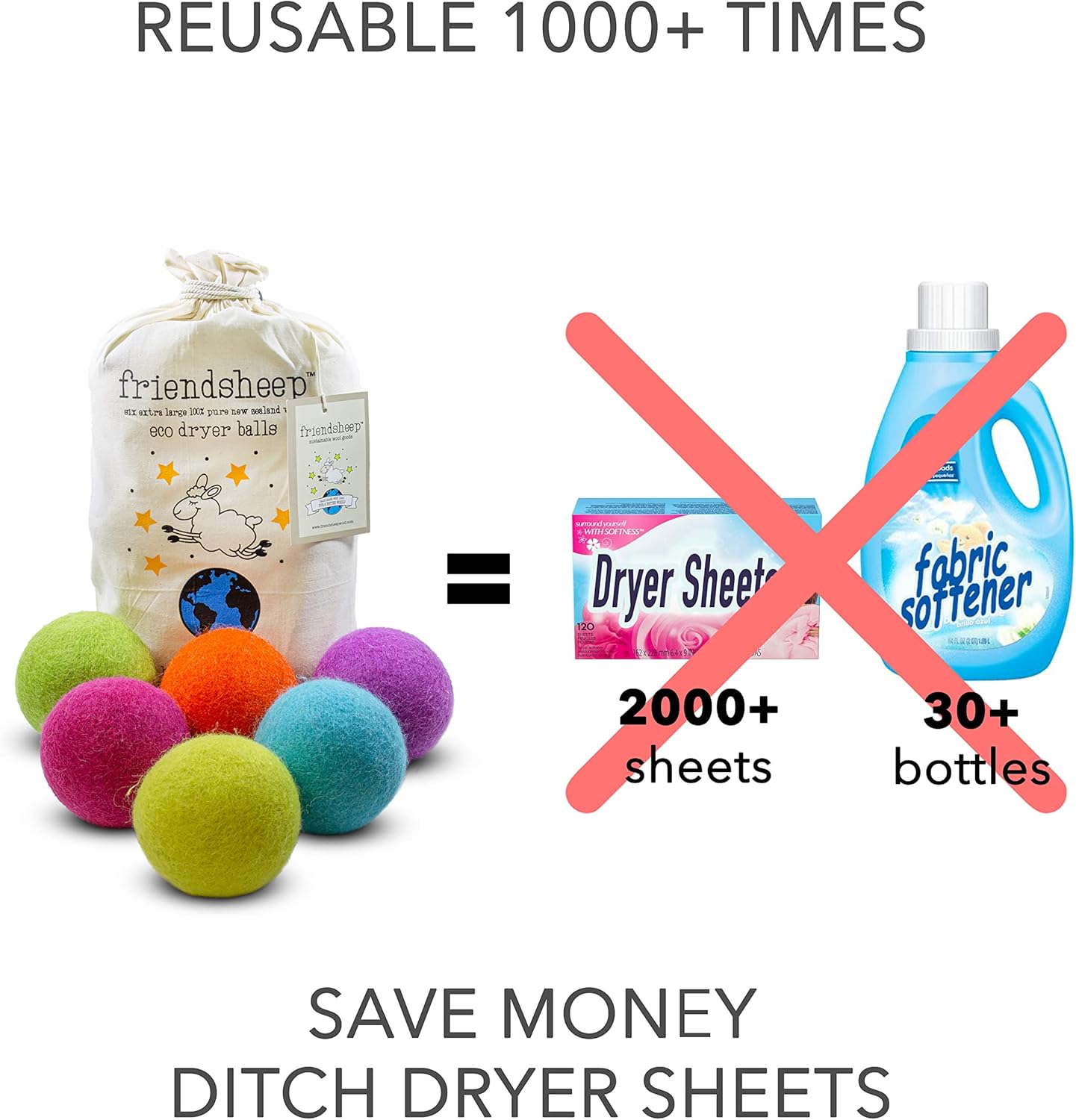 Friendsheep Wool Dryer Balls 6 Pack XL Organic Premium Reusable Cruelty Free Handmade Fair Trade No Lint Fabric Softener Color - Rainbow Blast