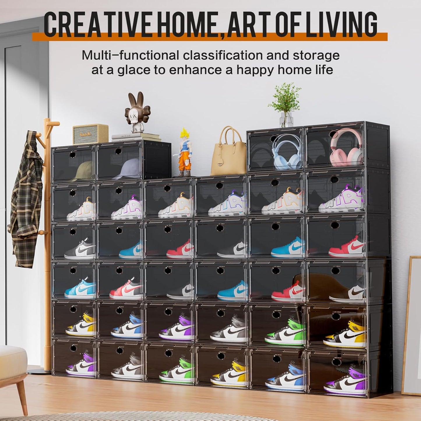 KEFA XL Shoe Storage Box Organizer, 8 Pack Shoe Boxes Clear Plastic Stackable, Sneaker Display Case Container Fit for US 13 (Side 8 PACK BLACK)