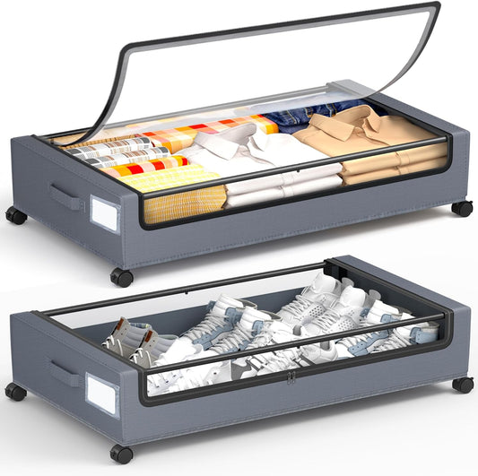 Under Bed Storage With Wheels, 2 Pack Square Containers, 60L Bins, Rolling Metal Drawer for Clothes, Blankets, Shoes