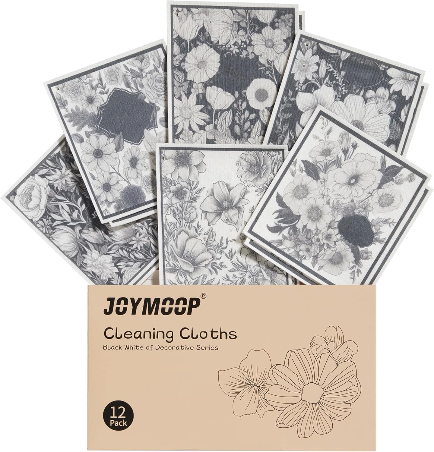 JOYMOOP 12 Pack Decorate Cleaning Cloth (Black White of Decorative Series), Reusable Absorbent Dish Towels, Non-Scratch Washable Rags for Cookware, Kitchen and Household Cleaning - 6.7×7.9 inch