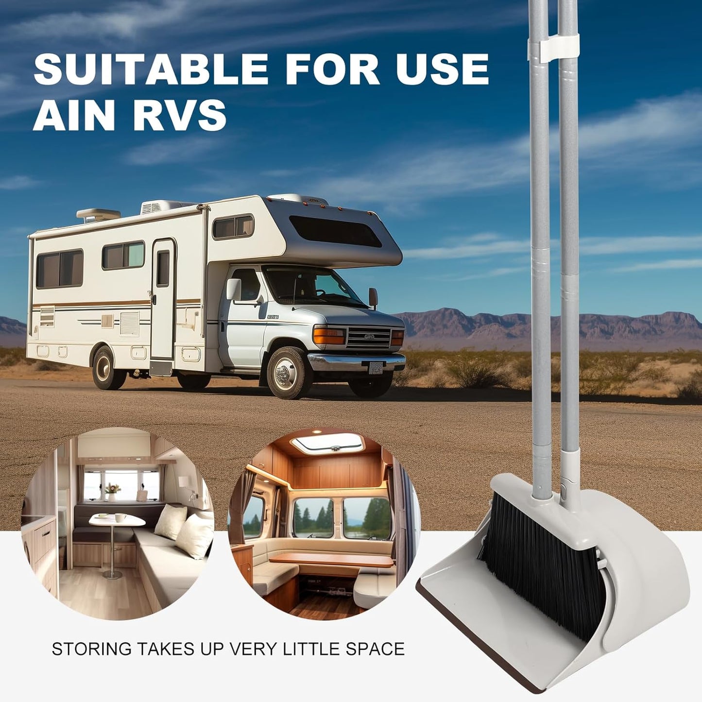 54" Long Handled Broom and Dustpan Set - Perfect Dust Pan and Brush Combo for Efficient Cleaning, Brown and White