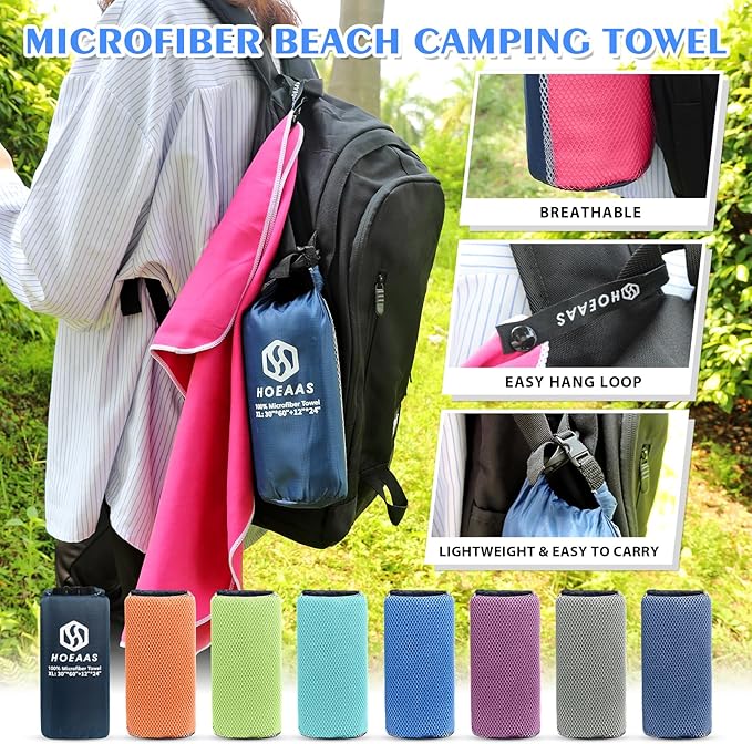 HOEAAS 2 Pack Microfiber Camping Towels, Quick Dry Towel, Super Absorbent Ultra Compact Travel Towel Soft Lightweight Sports Towel for Sweat Fast Drying Towels for Pool,Gym,Hiking,Backpacking,Fitness