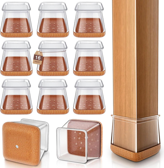 Chair Leg Floor Protectors Chair Leg Protectors for Hardwood Floors Silicone Caps Felt Strengthen Bottom Protection Anti-Scratch Reduce Noise 16 Pack Clear Square Fit:1-1/8" to 1-9/16" (27-40mm)