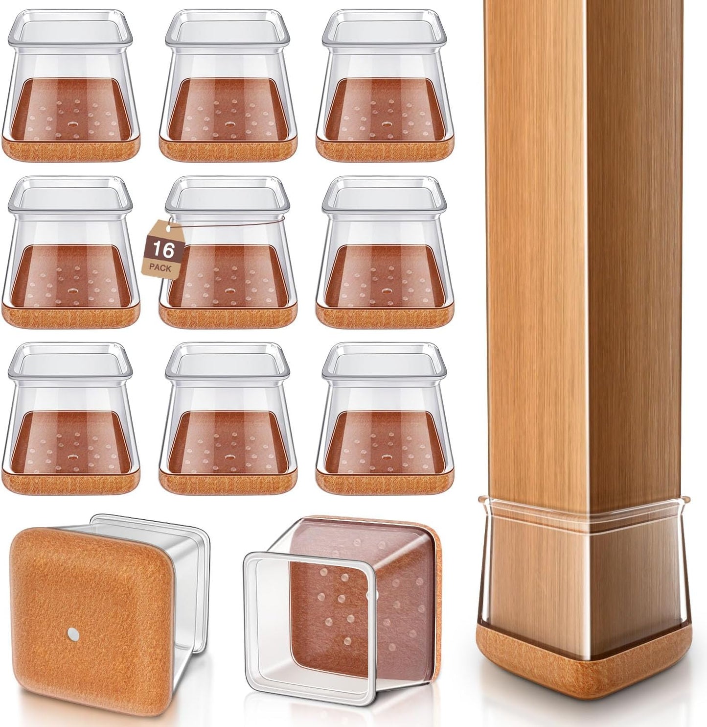 Chair Leg Floor Protectors Chair Leg Protectors for Hardwood Floors Silicone Caps Felt Strengthen Bottom Protection Anti-Scratch Reduce Noise 16 Pack Clear Square XL Fit:1-1/2" to 1-3/4" (38-44mm)