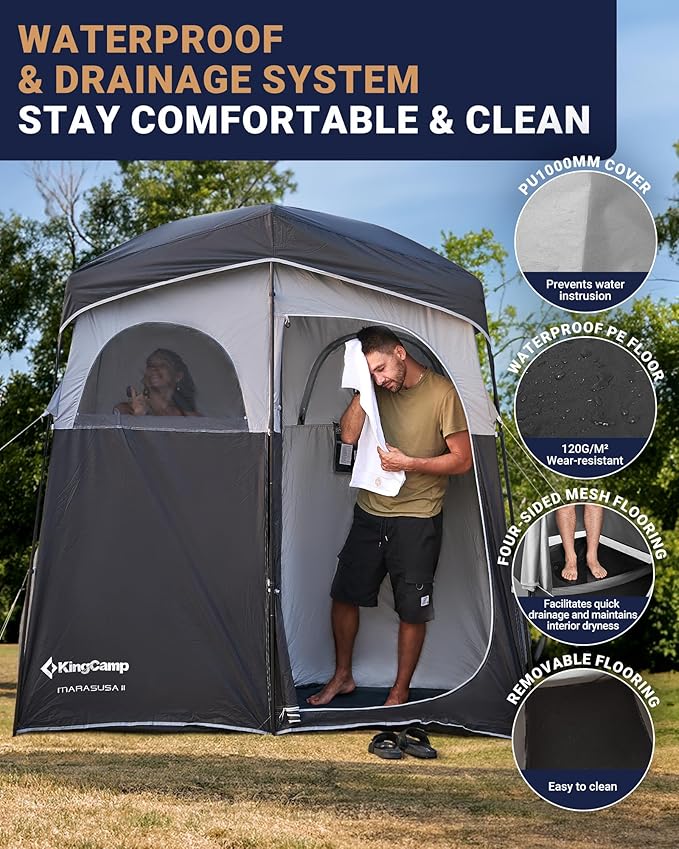 KingCamp Camping Shower Tent, Portable Outdoor Privacy Toilet & Changing Tent Windproof & Waterproof Easy Setup 1 or 2 Room Shelter with Shower Bag for Camping Hiking Beach