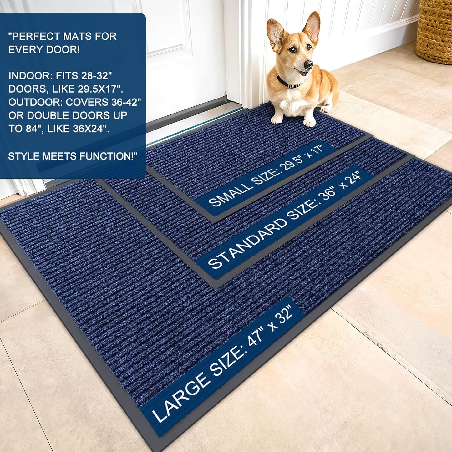 OLANLY Front Door Mat Indoor Outdoor Entrance, Waterproof Heavy Duty Doormat, Fade Resistant, Low Profile, Easy Clean Patio Porch Welcome Floor Mats for Entry, 35x23, Blue