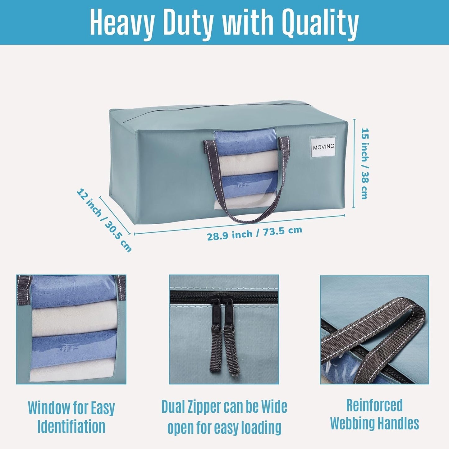 VENO 4 Pack Moving Bags for College, Heavy-Duty Storage Totes, Moving Boxes and Wardrobe Packing Supplies Alternative - Extra Large Durable Laundry Bags for Clothes (Light Blue Matte, 4 Pack)