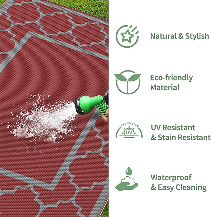 GENIMO 6' x 9' Outdoor Rug Waterproof for Patio Decor, Foldable Reversible Plastic Straw Area Rugs Mat for Camper, Outside Carpet for Rv, Deck, Porch, Picnic, Beach, Balcony, Red & Grey