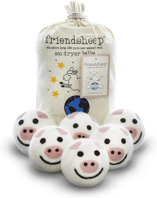 Friendsheep Wool Dryer Balls 6 Pack XL Organic Premium Reusable Cruelty Free Handmade Fair Trade No Lint Fabric Softener Pig - Piggy Band