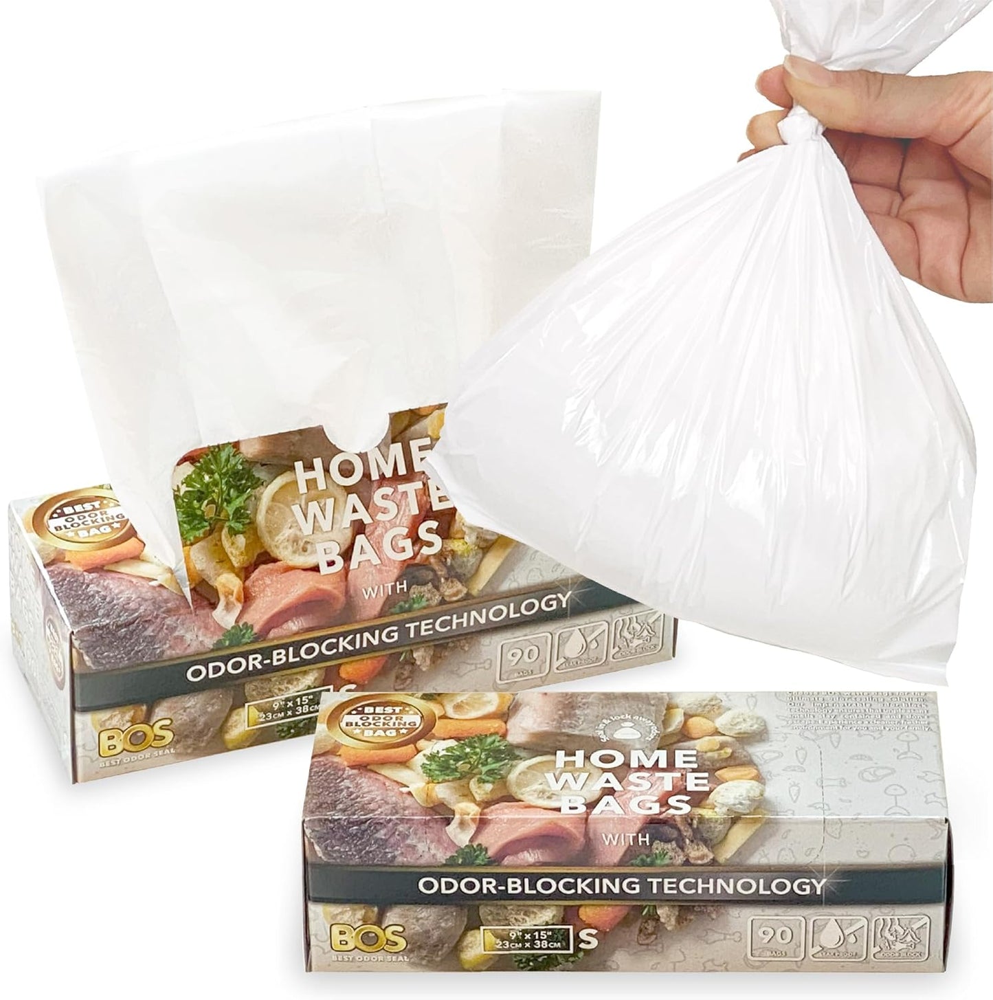 BOS Odor-Sealing Kitchen, Home & Food Small Trash Bags for Waste- Disposable Bags - Scent & Smell Free [Size S, Color White] (90 count, Pack of 2) (180 Bags)★Brand-new packaging!