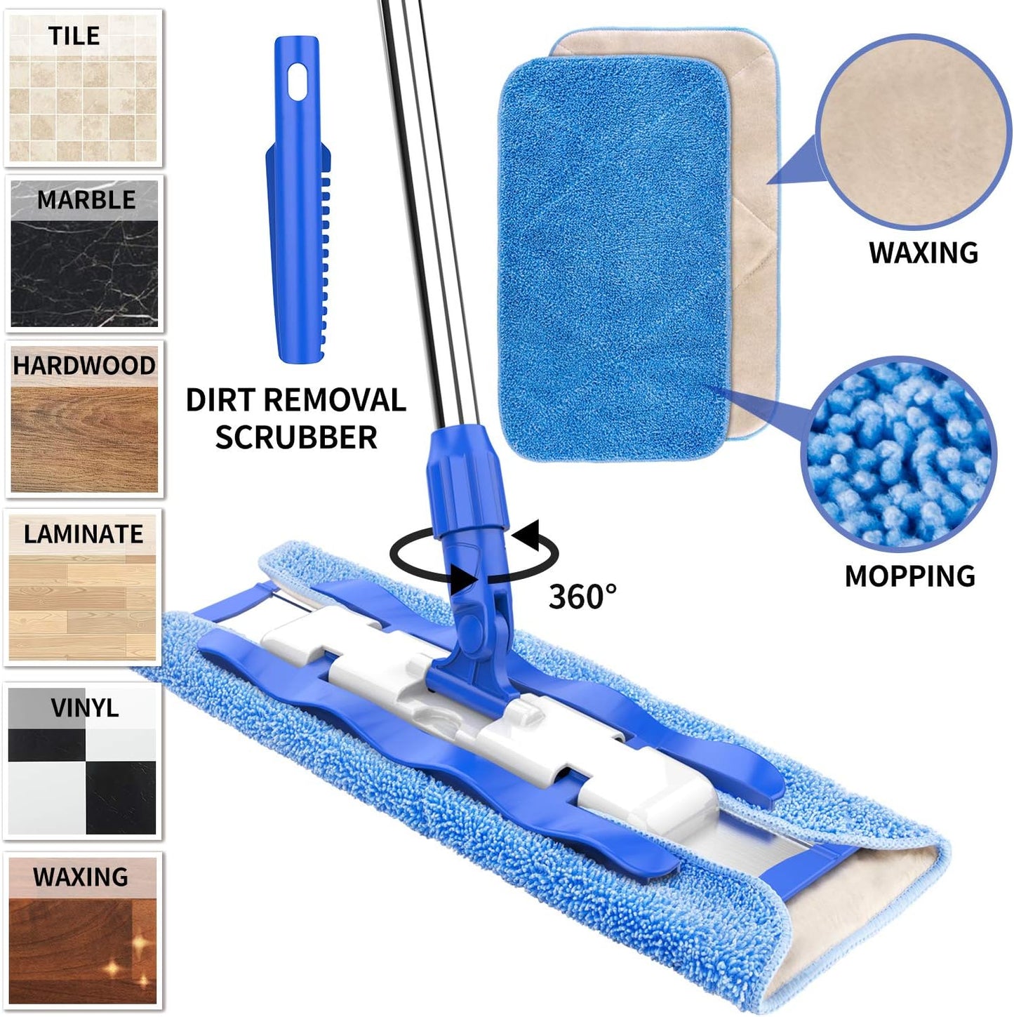 MR.SIGA Professional Microfiber Mop for Hardwood, Laminate, Tile Floor Cleaning, Stainless Steel Telescopic Handle - 3 Reusable Flat Mop Refills and 1 Dirt Removal Scrubber Included