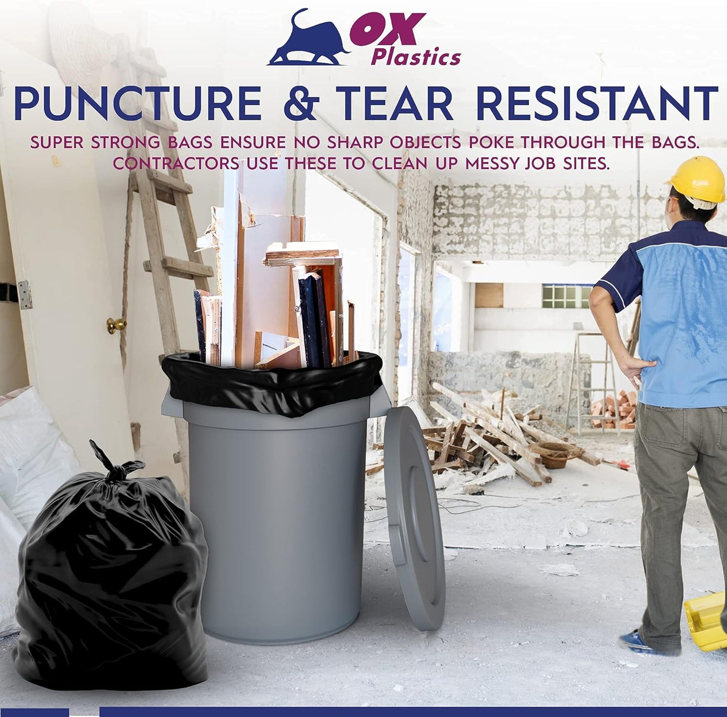 60 Gallon Trash Can Liners Bags - (100 Count) Capacity & 3mil Thick Extra Heavy Duty Strength - Large Garbage, Leak-Proof & Durable Bags Black