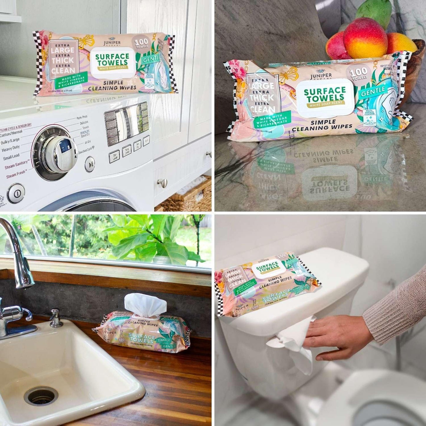 3 Packs Surface Cleaning Wipes, Thick & Large Dispose, All-Purpose Cleaner for Bathroom, Kitchen, Office, 300 Count Soft Flow, Biodegradable, White Soap Scent