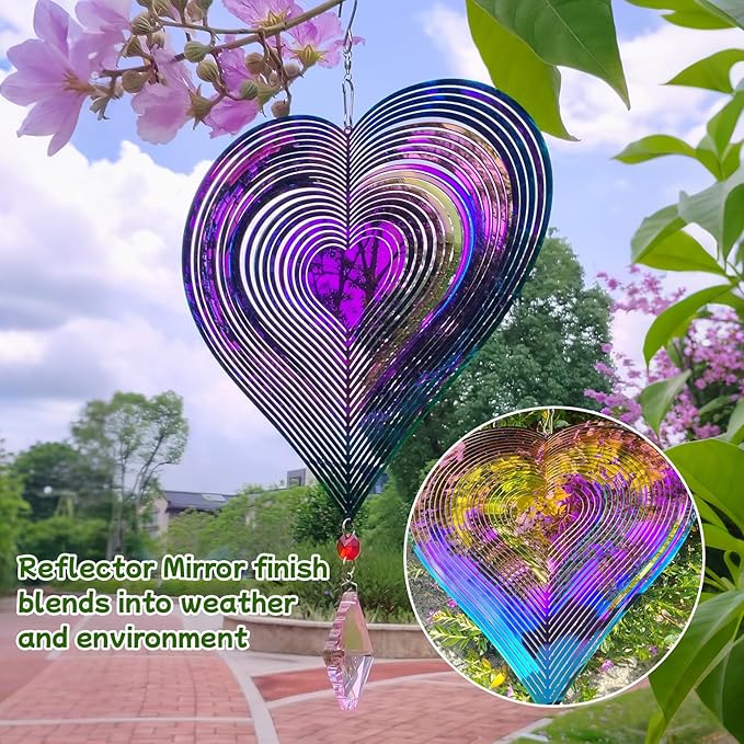 16.5in Heart Wind Spinners Outdoor, Colorful 3D Metal Wind Spinners for Yard and Garden with Crystal Pendant Stainless Steel Wind Chimes for Outside Yard and Garden Decor Gifts for Mom Grandmother