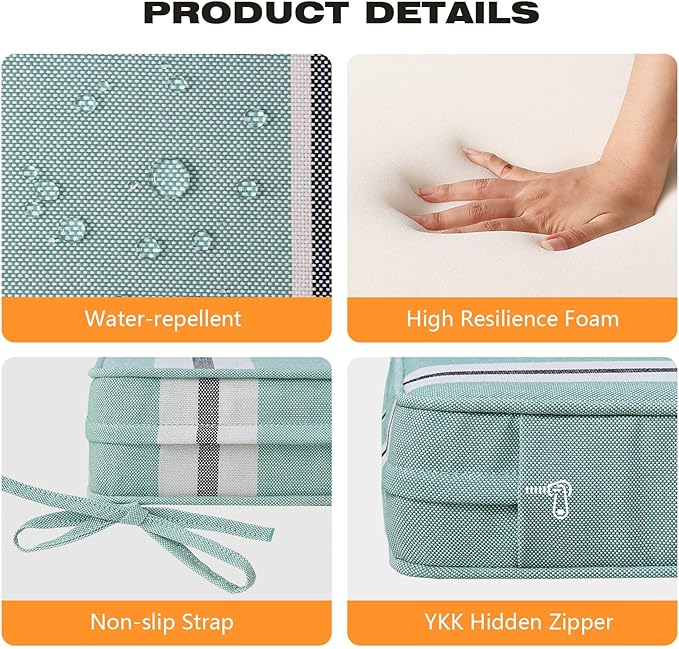Square Corner Seat Cushions, 19" x 19" x 3", Set of 4, Indoor Outdoor Water Repellent Universal Chair Pads with Ties for Patio Furniture, Garden Deck Dining Chairs, Aqua Stripe