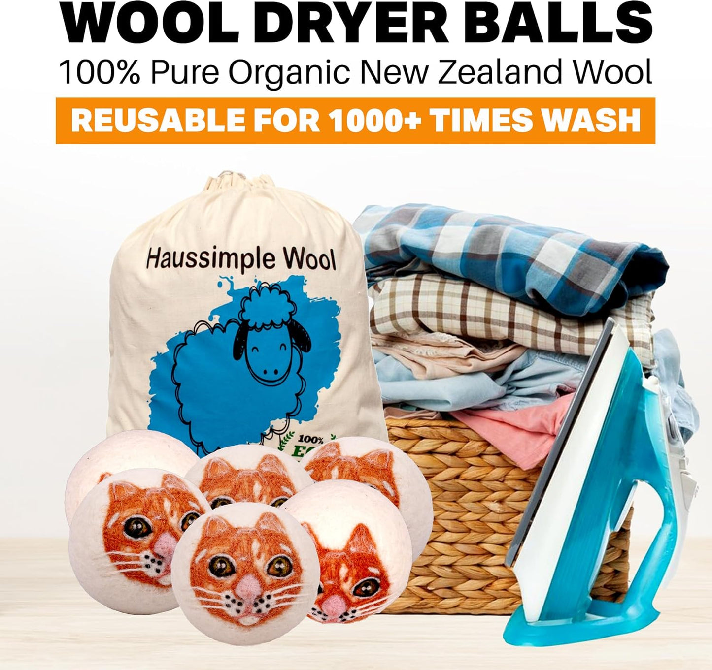 Wool Dryer Balls Organic Felt 6 Pack Laundry Fabric Softener, Extra Large Reusable Handmade Natural Sheep Wool Lint Wrinkle Free Anti Static Baby Safe (Orange Cat)