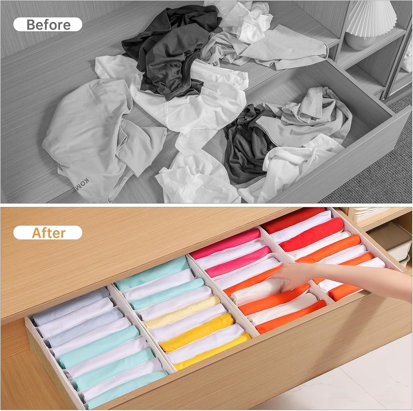 4 Packs T-shirt Drawer Organizers for Clothing,10 Grids Compartment Wardrobe Storage Box, Clothes Organizer for Folded Clothes, T-shirt, Legging-15.75''x9.06''x5.91-BeigeWhite