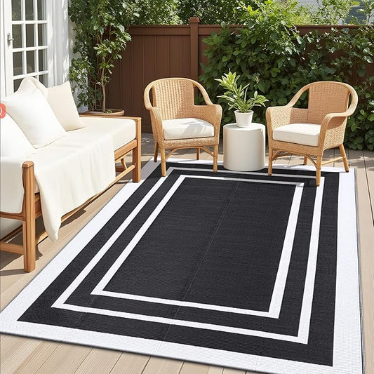 OLANLY Outdoor Rug 5x8 ft Waterproof, Reversible Outdoor Plastic Straw Rug, RV Mat, Indoor Outdoor Carpet Clearance for Patio, Camping, Balcony, Deck, Backyard, Black & White