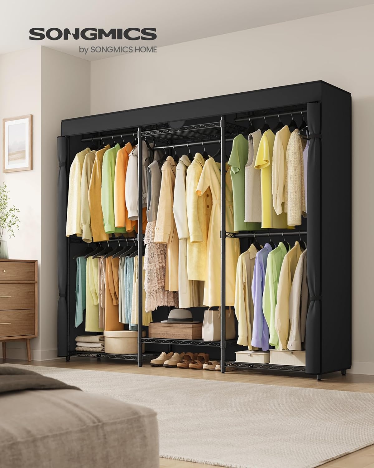 SONGMICS Heavy-Duty Clothes Rack, Garment Rack, Portable Closet, 68.7-Inch Wide Clothing Rack with Adjustable Mesh Shelves and Hanging Rails, Ink Black ULGR435B01