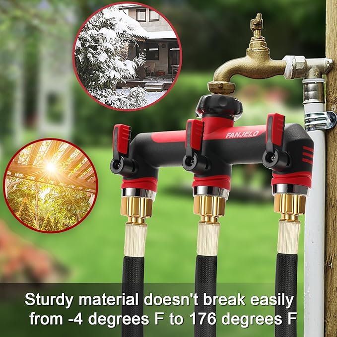 3 Way Hose Splitter, Heavy Duty Garden Water Hose Bib Spigot Splitter, Faucet Splitter with Shutoff Valve, Garden Hoses Connector for T Adapter, 3/4 - Inch GHT Thread (Red)