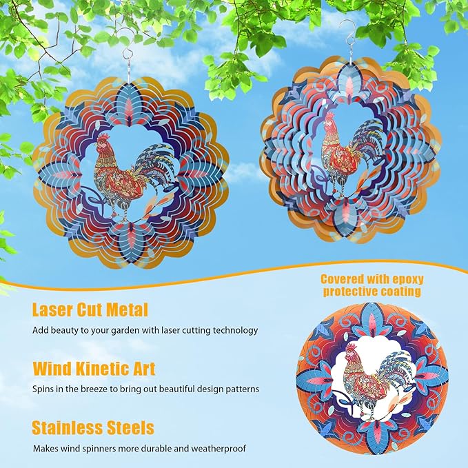 Wind Spinners, Gifts for Women Mom Grandma Wife, 12 inch 3D Stainless Steel Hanging Wind Spinner, Metal Kinetic Wind Sculpture for Indoor/Outdoor Decor, Yard Art, Garden Decorations (Rooster)
