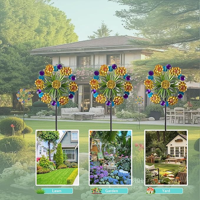 Wind Spinner, Metal Yellow florets and Purple Jewelry 44.25 inch Outdoor Metal Wind Spinners for Patio,Lawn,Garden,Creative Gifts for Women, Double Windmill with Stable Stake
