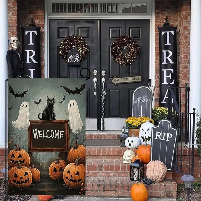 Halloween Garden Flag for Outside 12x18 Inch Double Sided, Pumpkin Ghost Cat Small Yard Flags for Outside, Outdoor Welcome Flag Front Porch Decorations for Home
