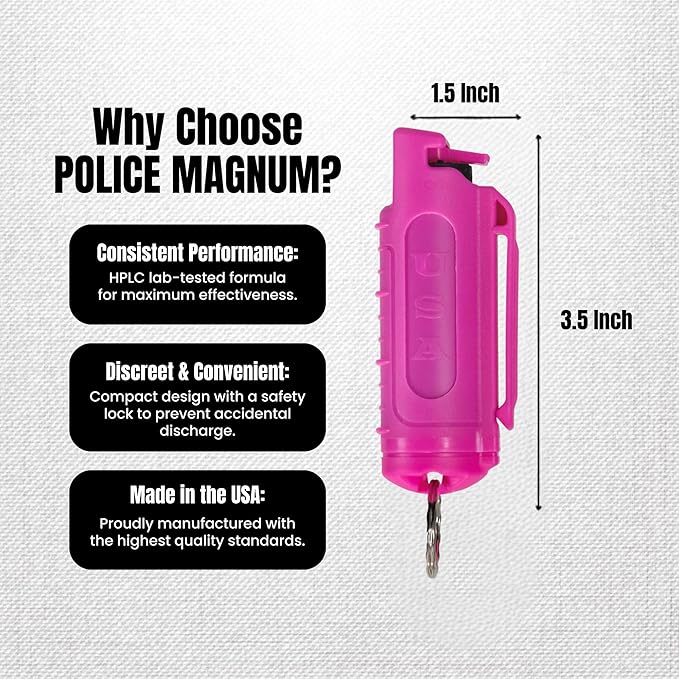 Police Magnum Keychain Pepper Spray Self Defense Belt Clip Holder - 3 Pack Tactical Maximum Strength OC with Dye - Small Safety Key Chains for Women & Men - Made in The USA