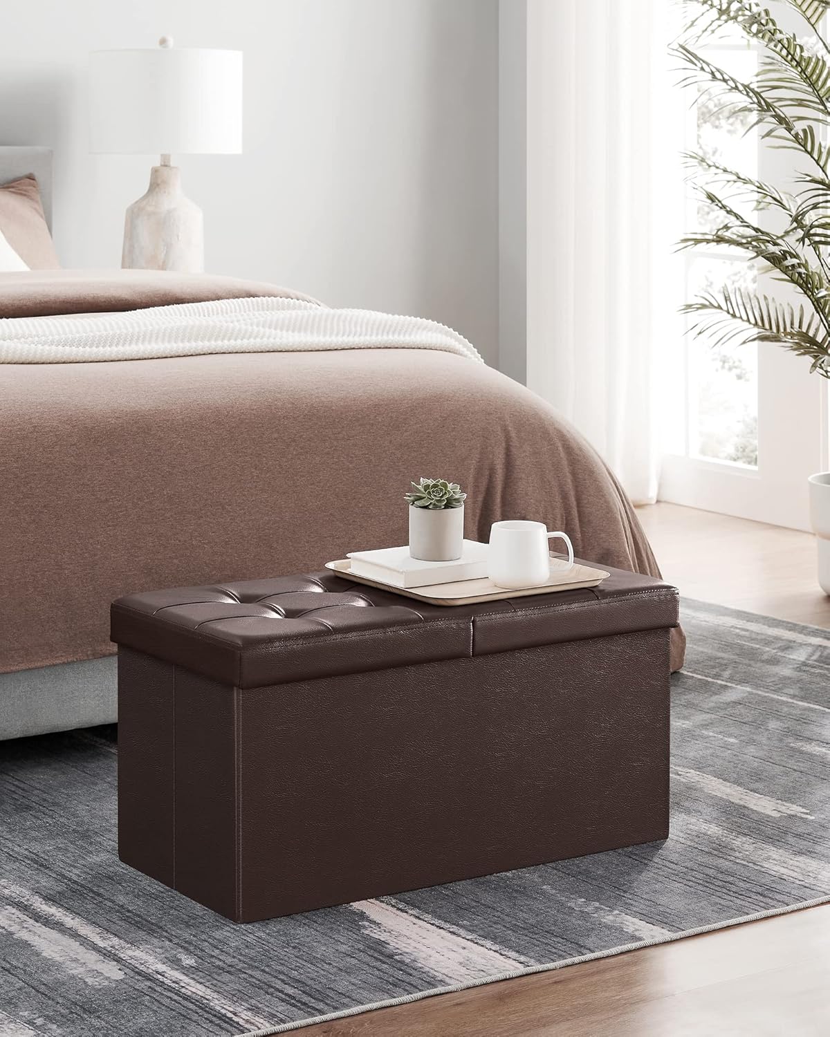SONGMICS MAZIE Collection - 30 Inches Storage Ottoman Bench with Flipping Lid, Storage Chest Footstool, Load 660 lb, for Entryway, Living Room, Bedroom, Synthetic Leather, Brown ULSF45BR