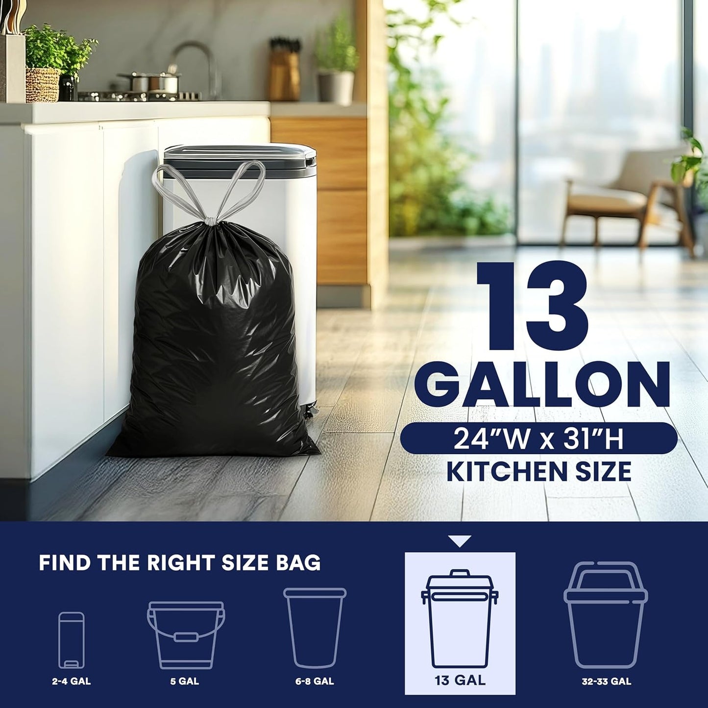 Plasticplace W13DSBKJR 13 Gallon Trash Bags │ 1.2 Mil │ (50 Count) Black Extra Tall Garbage Can Liners │ 24” x 31”