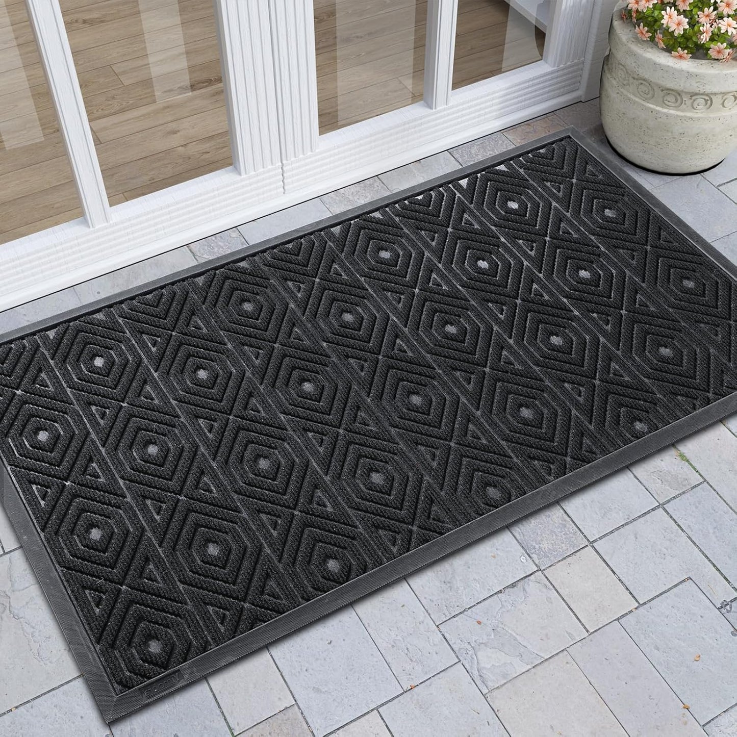 Yimobra Door Mat, Outdoor Indoor Entrance Welcome Mat, Heavy Entry Front Door Mat, Stain & Fade Resistant, Low Profile, Sturdy Rubber, Easy Clean Patio Floor Mat, Waterproof, 47 x 24, Black
