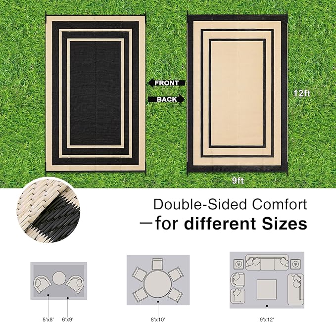 OLANLY Outdoor Rug 9x12 ft Waterproof, Reversible Outdoor Plastic Straw Rug, RV Mat, Indoor Outdoor Carpet Clearance for Patio, Camping, Balcony, Deck, Backyard, Black & Beige