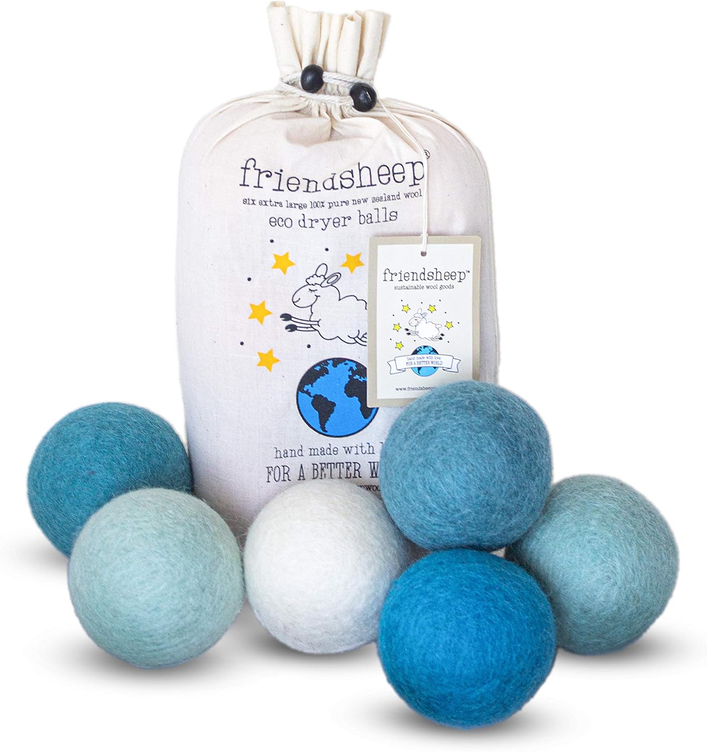 Friendsheep Wool Dryer Balls, Organic Reusable Fabric Softener Alternative for Laundry, Handmade, Fair Trade, Hypoallergenic, Eco-Friendly, Plastic-Free (6 Pack XL - Blue Ocean)