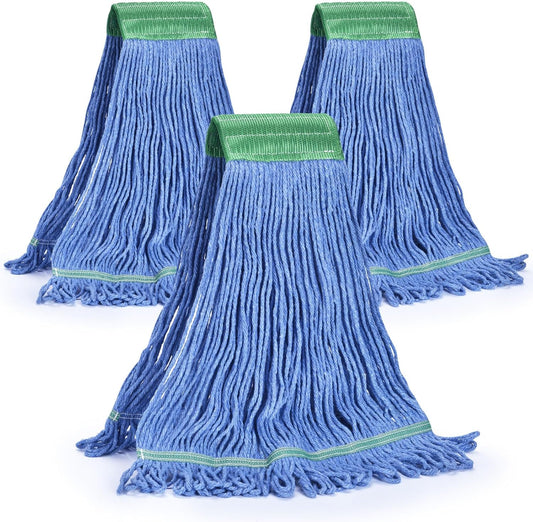 Matthew Cleaning Commercial Mop Head Replacement, 5 Inch Wide Headband, Looped End Cotton Blend String Wet Mops for Floor Cleaning, 18 oz Medium, 3-Pack Blue