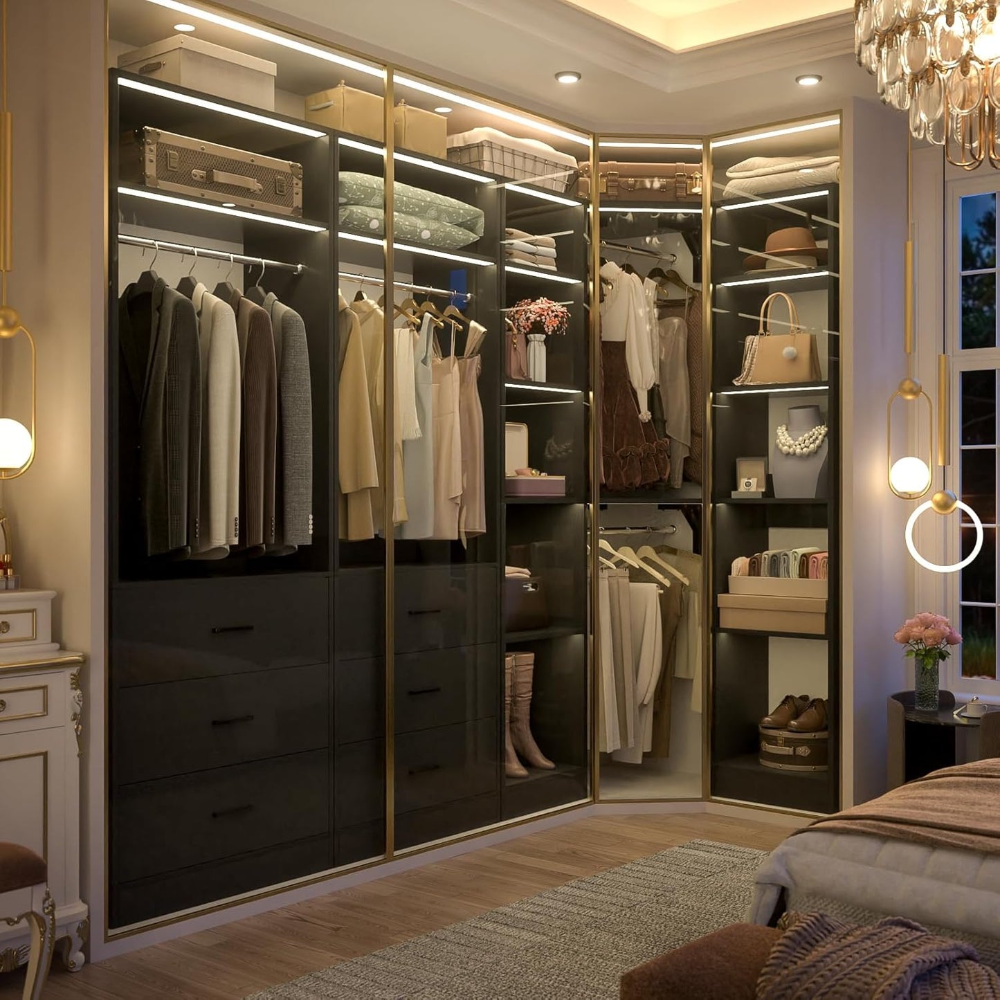 Corner Closet System with 6 Drawers, Closet Organizer System with 14 Shelves & 4 Hanging Rods, 87.2"L * 39.2"W / 63.2"L * 63.2"W Reversible L Shaped Walk-in Closets, Load 2500+LBS, Black